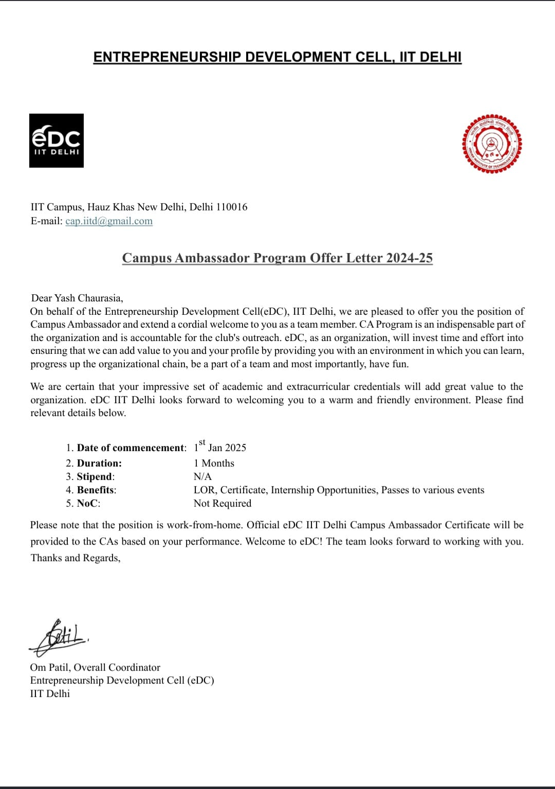 IIT Delhi Offer Letter